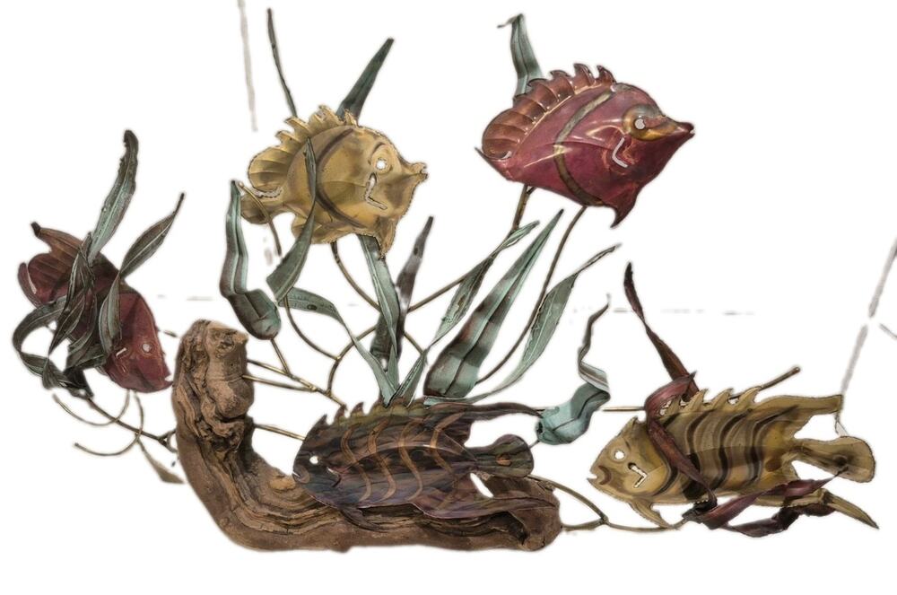Vintage Mixed Metal Tropical Fish Driftwood Wall Sculpture 29x17x5" Beach Decor